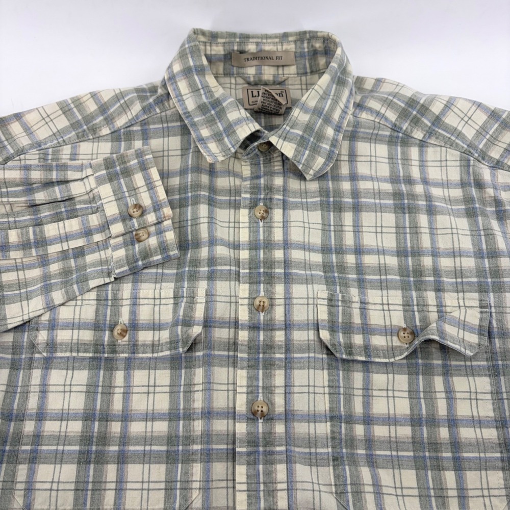 LL Bean Mens Traditional Fit Plaid Button Down Shirt M Tall Grey Blue 286411